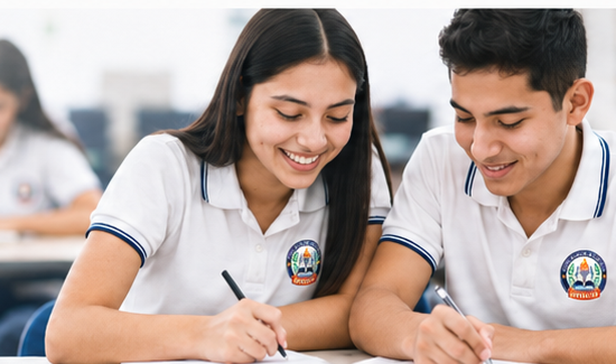 Estudiantes con camisa blanca, pantalón azul marino y logotipo institucional